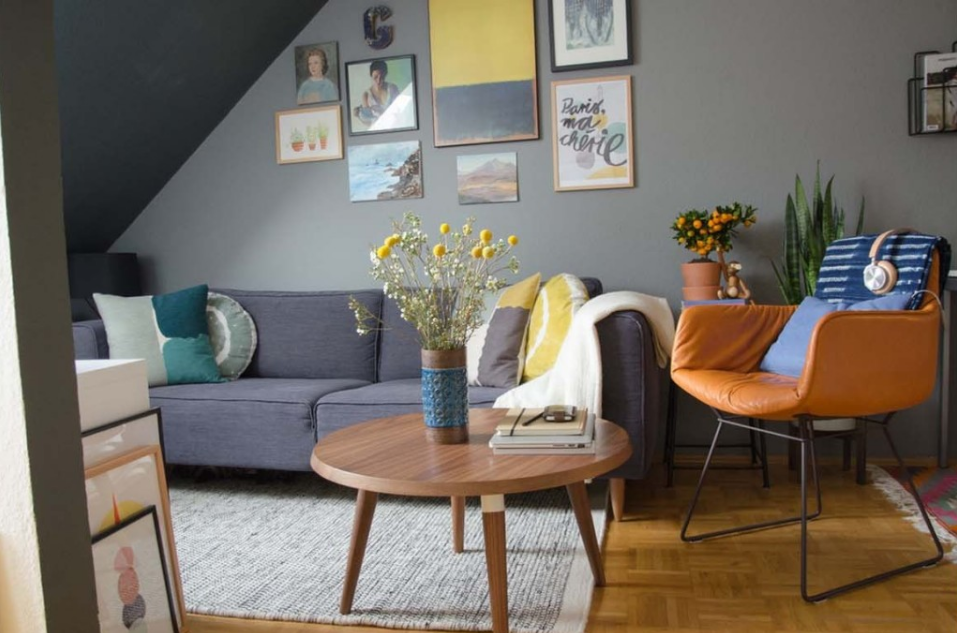 small gray brown and yellow small living room design