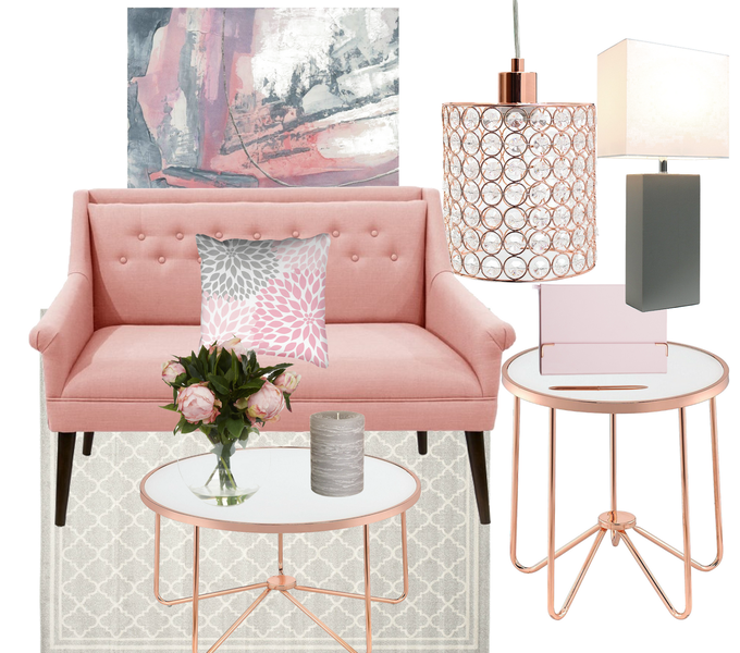 Blush Crush: Blush Pink, Rose Gold & Gray Living Room Mood Board