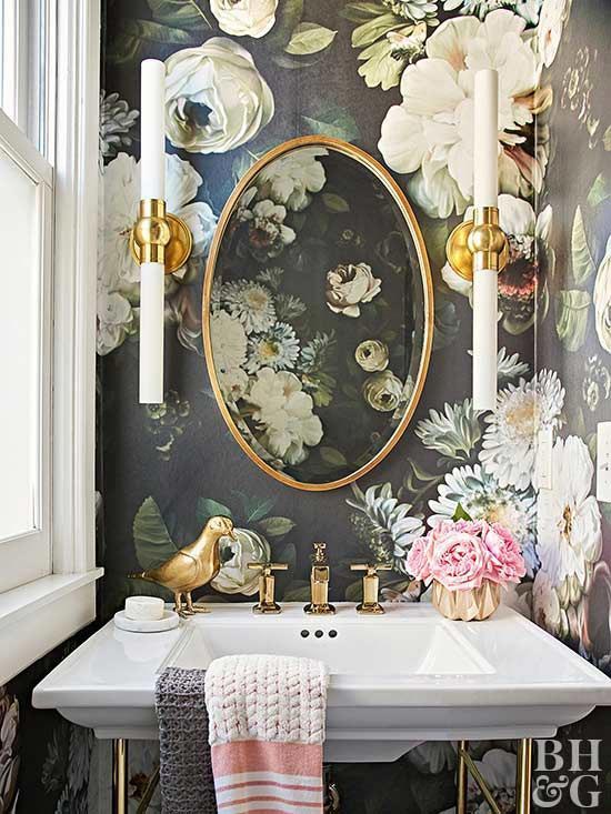 large vintage floral pattern wallpaper fin small bathroom