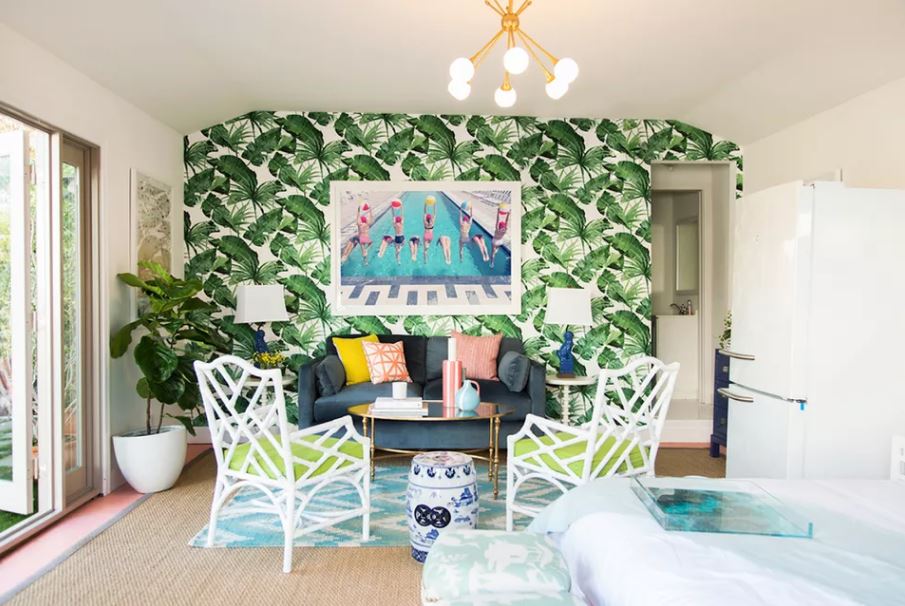 green leaf wallpaper in small room