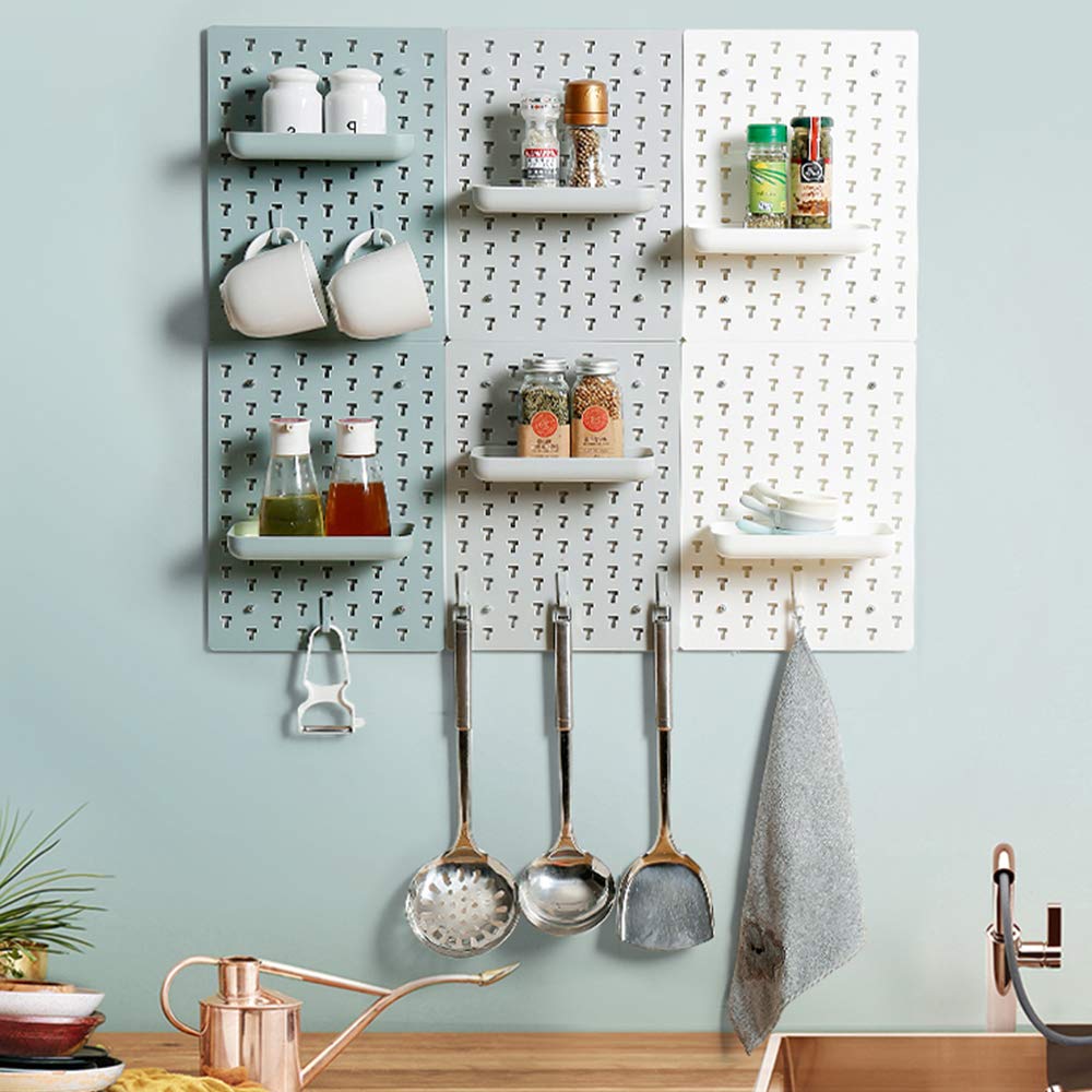 multicolored Gray and white kitchen pegboard