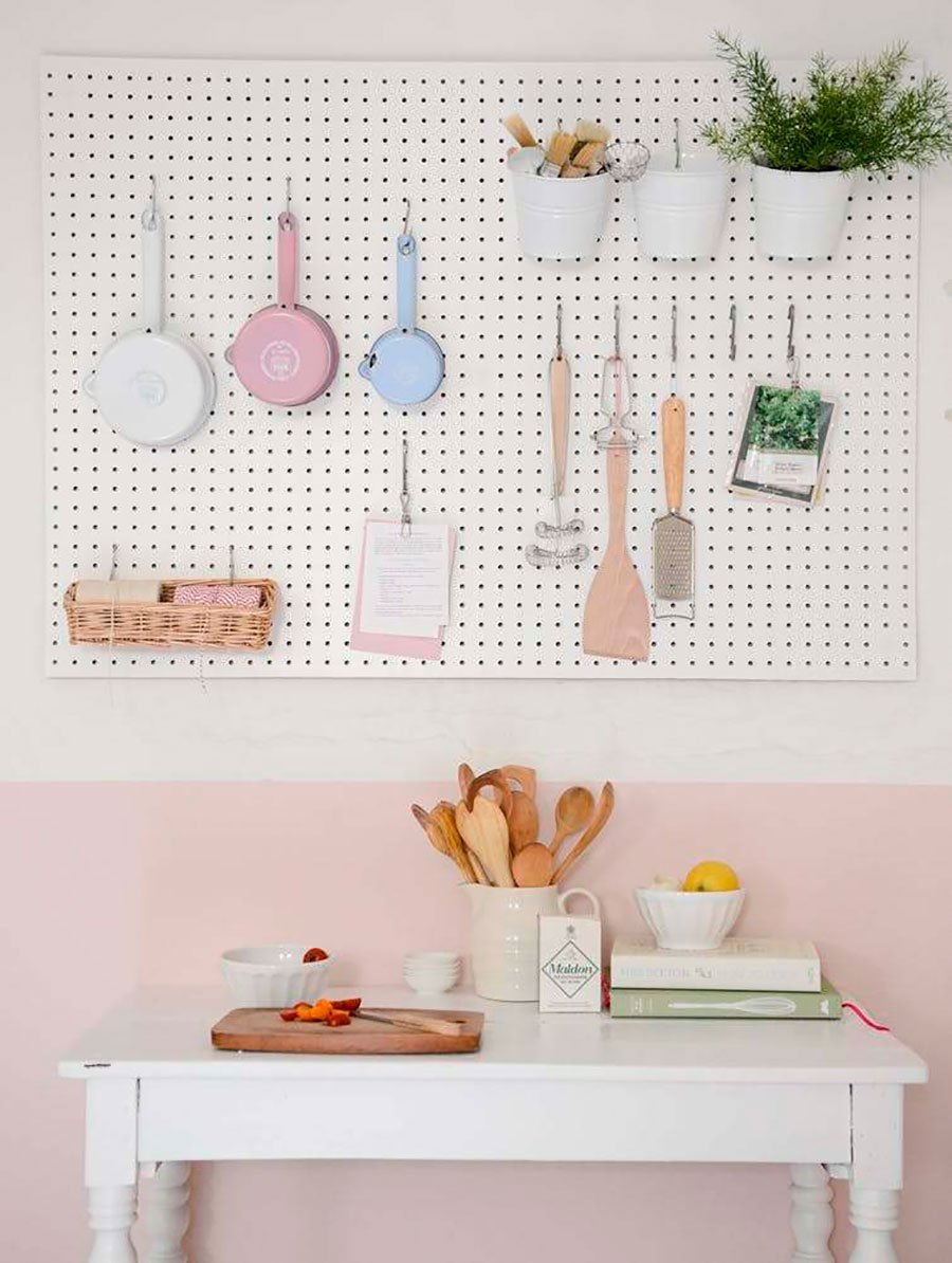 pastel colored kitchen pegboard design