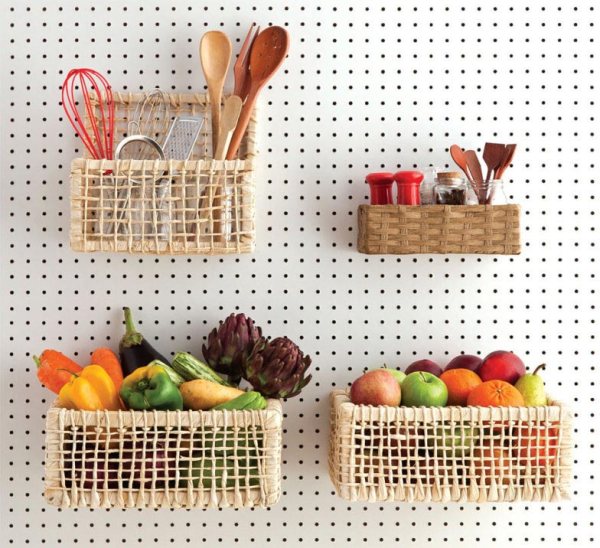 basket shelves on kitchen pegboard