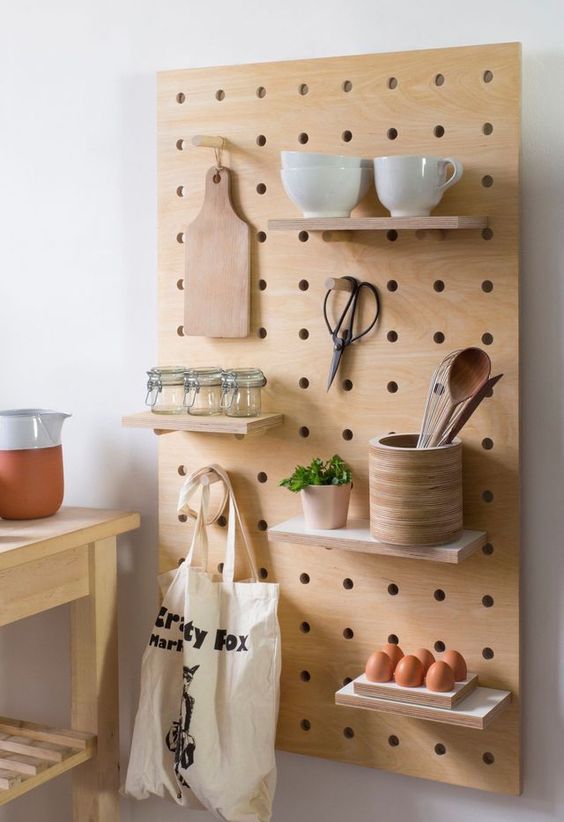 light wood kitchen pegboard