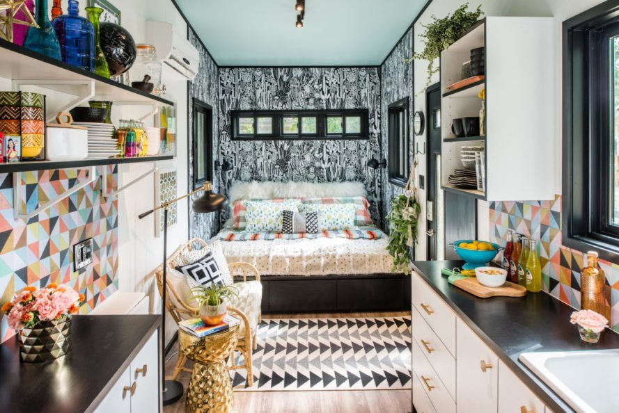 Maximalist design in tiny home bedroom