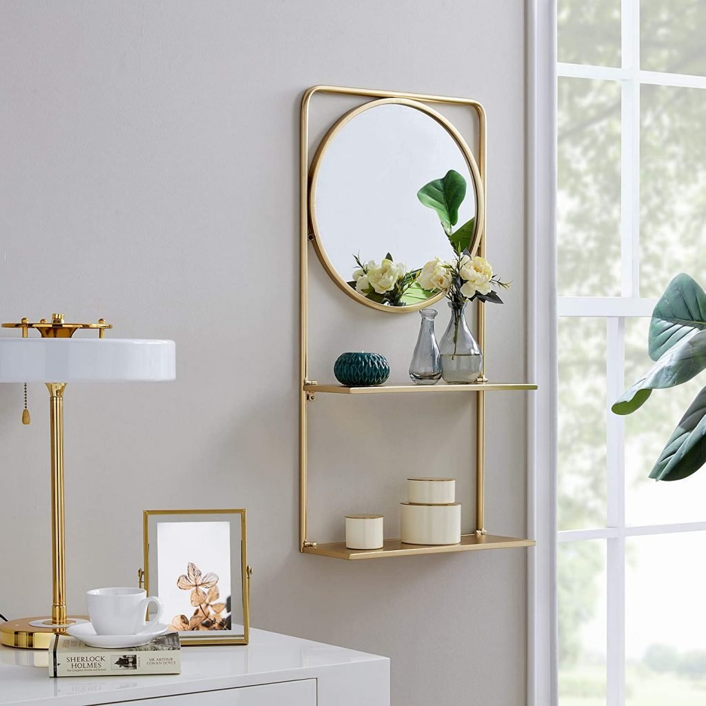 gold mirror with  shelves