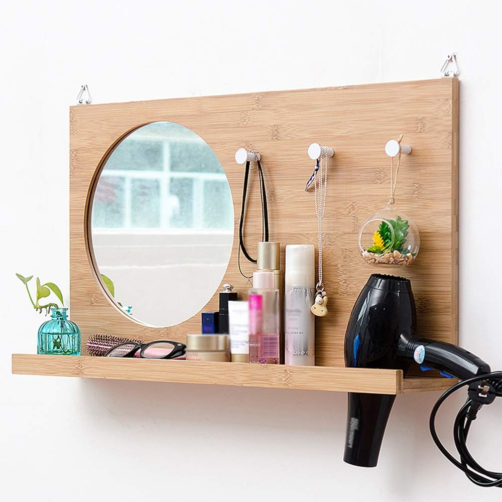 wooden mirror with shelves and hooks