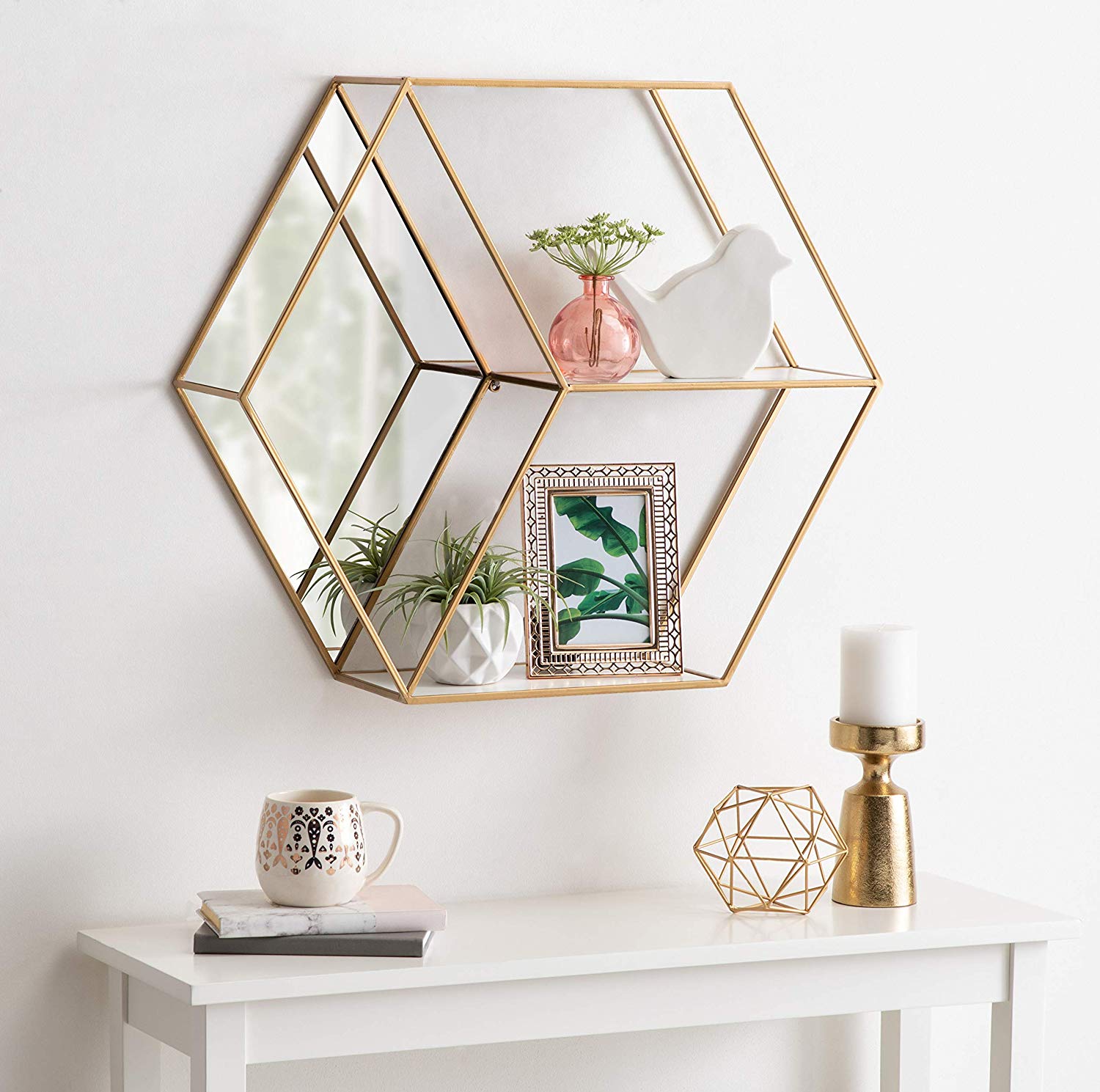 Hexagon Wall Mirror with Shelves 