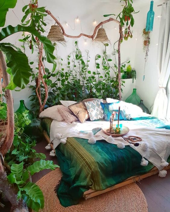 plant maximalist design in small bedroom