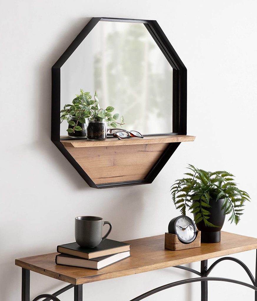 black and wood octagon mirror with shelves