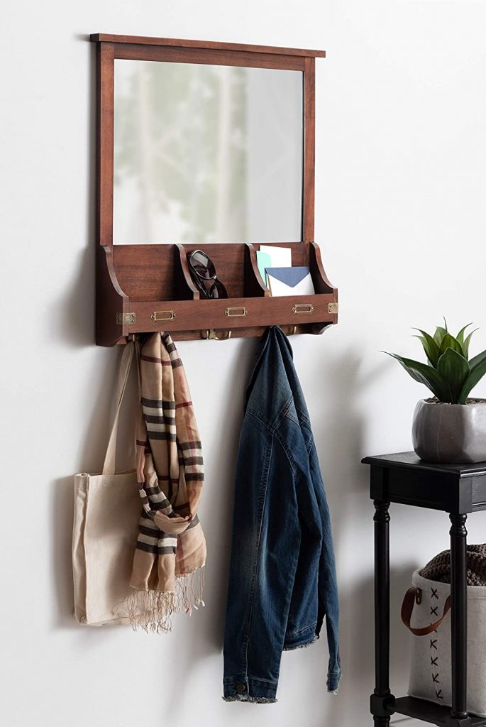 rustic entryway mirror  with hooks and organizer