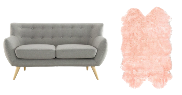 grey sofa and blush pink faux fur rug