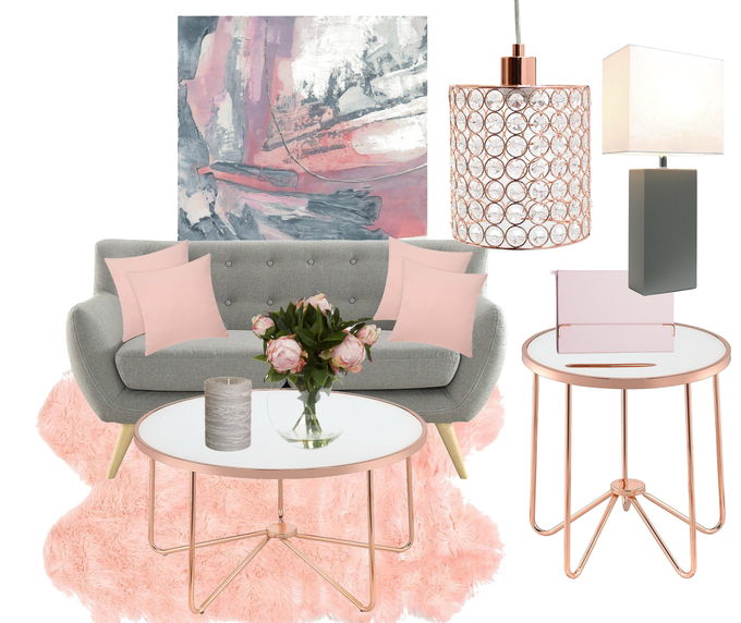 Blush Crush: Blush Pink, Rose Gold & Gray Living Room Mood Board