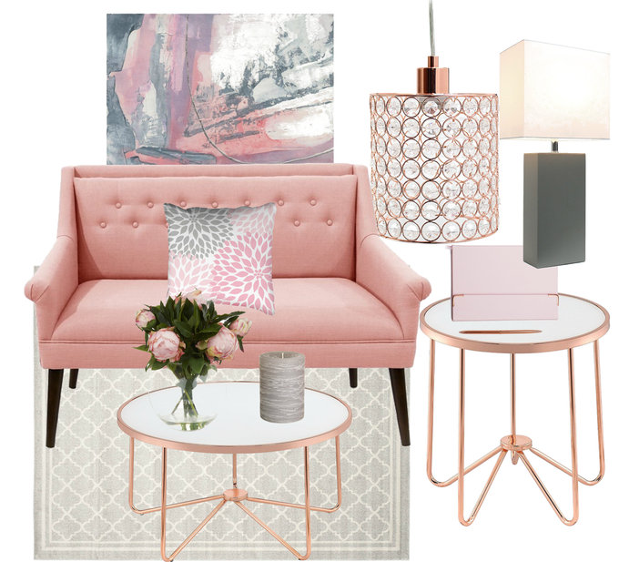Blush pink, grey and rose gold living room decor