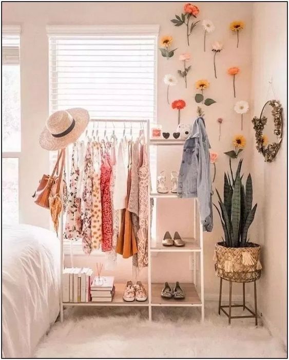 simple boho makeshift closet and clothing rack