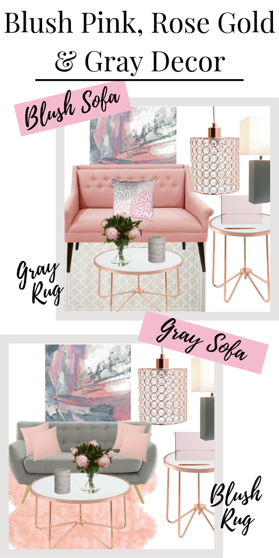 blush pink, grey and rose gold living room decor mood board Pinterest