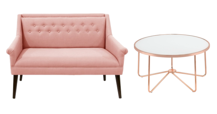 blush pink settee and rose gold coffee table 