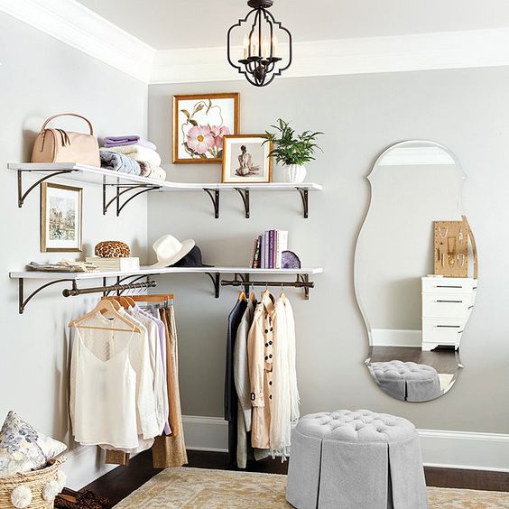 floating shelves makeshift closet for small spaces