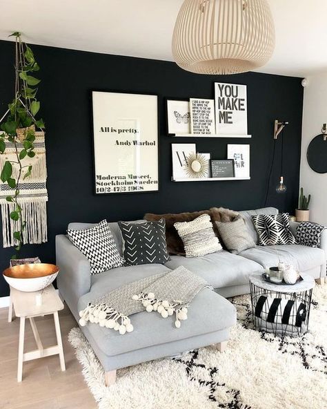  modern black accent wall in small gray, white living room decor