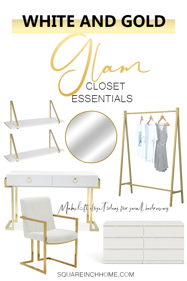 gold and white makeshift closet for small bedrooms with no closet