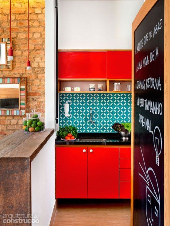 bold red small  kitchen ideas 