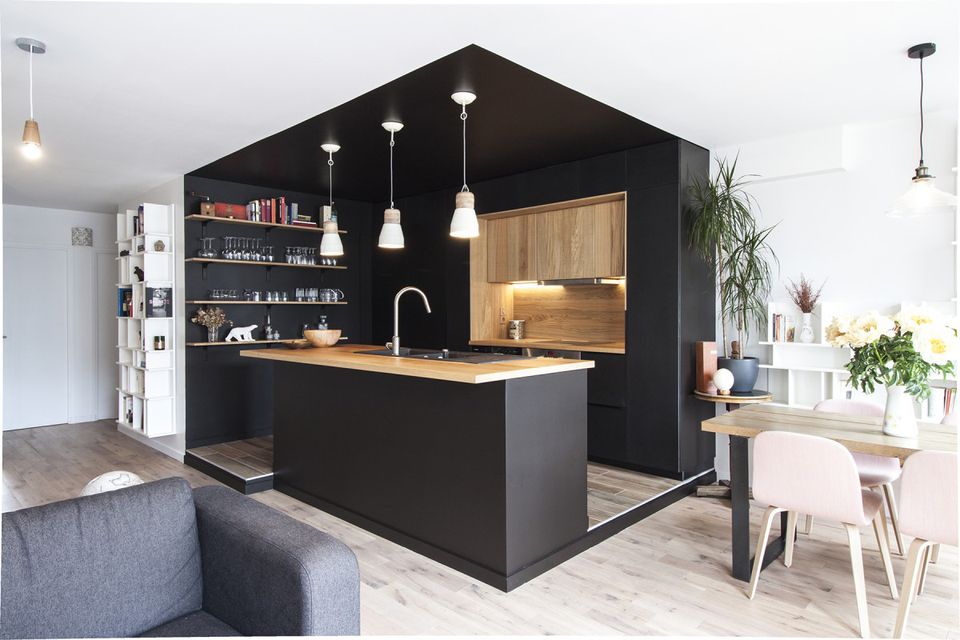 black color-zone walls in small kitchen