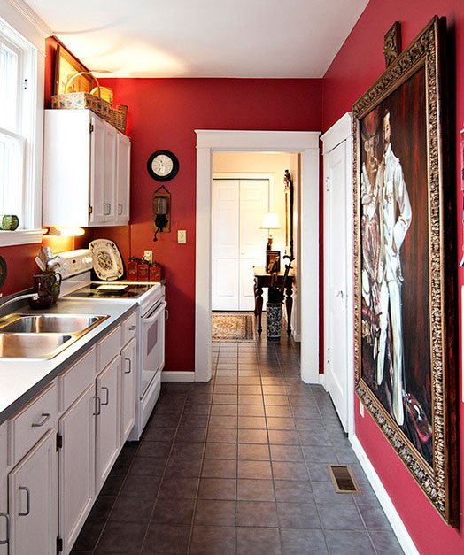 bold red paint in small kitchen