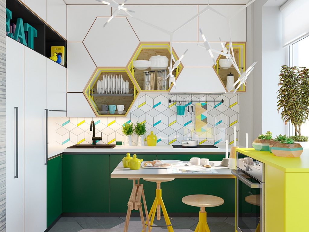 bold green and yellow color in hexagon small kitchen