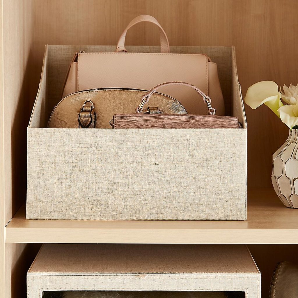 handbag storage ideas using bins and baskets