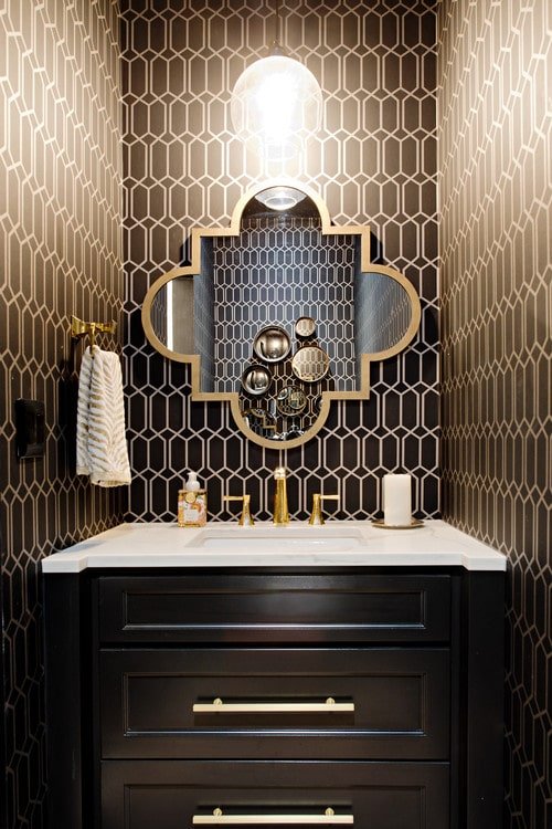 seamless geometric wallpaper in small bathroom