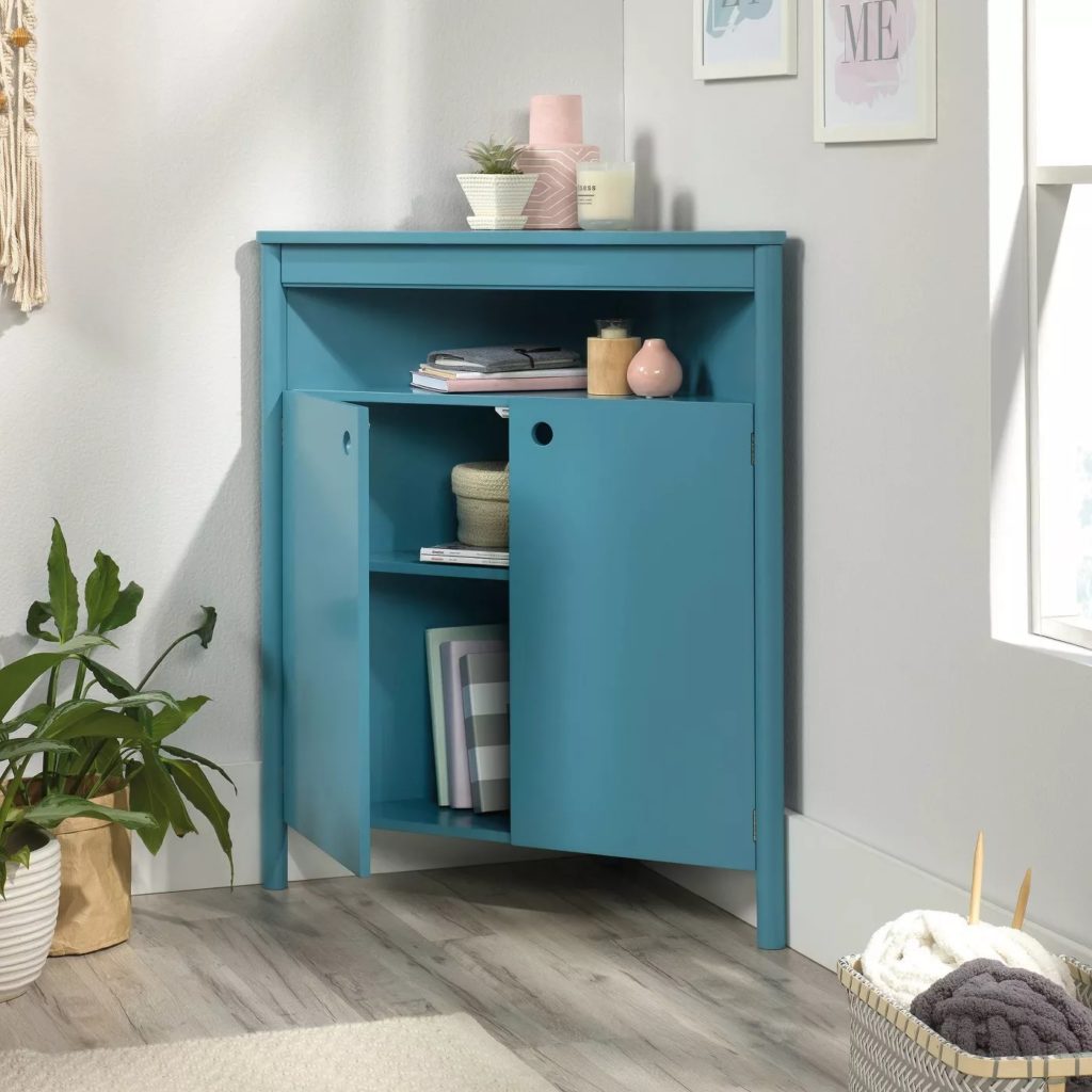 blue corner storage cabinet