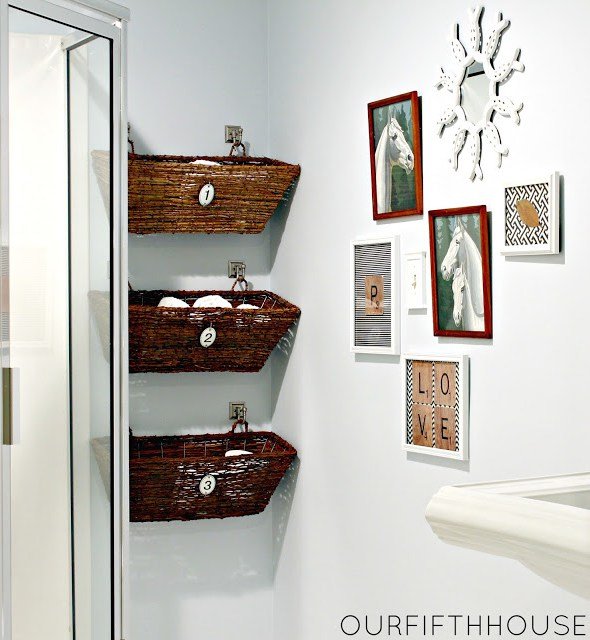 wall-mounted basket storage for bathroom