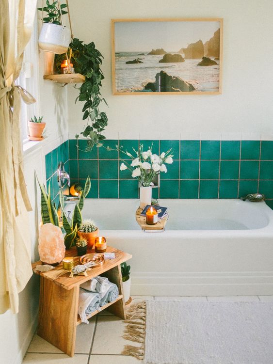 small boho bathroom decor with green wall tiles