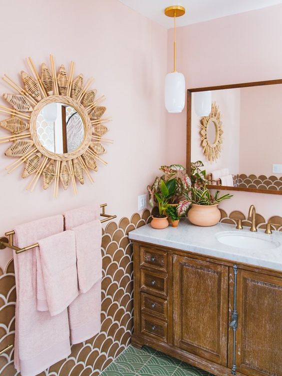 brown and pink small bohemian bathroom decor