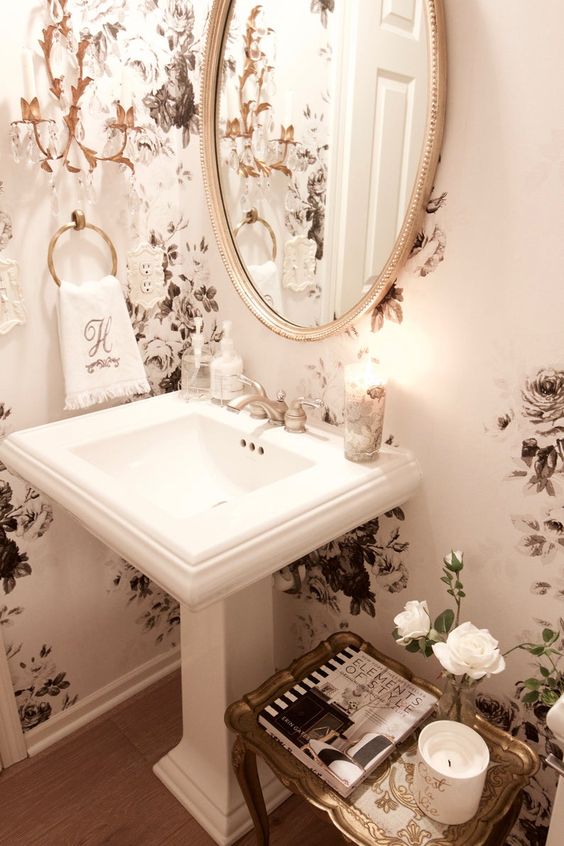 small bathroom design with floral wallpapaper