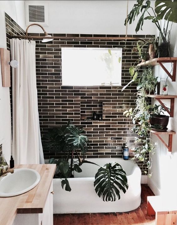 white and brown small bathroom with plants