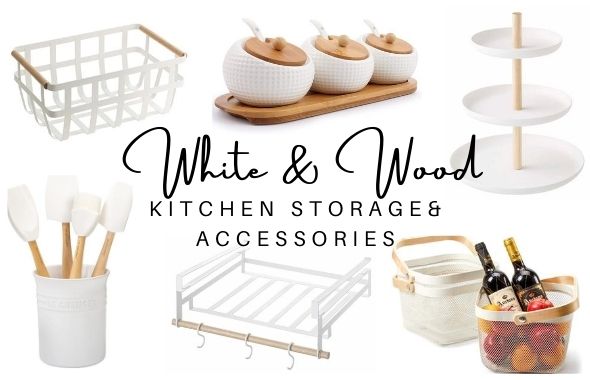 white and wood kitchen storage and accessories