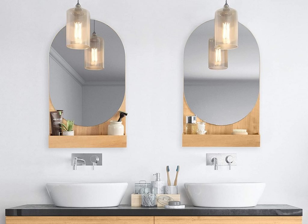 Gorgeous Mirrors With Shelves Hooks, Wooden Bathroom Mirror With Shelf
