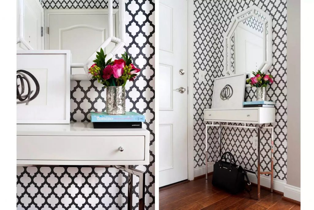 black and white small apartment entryway