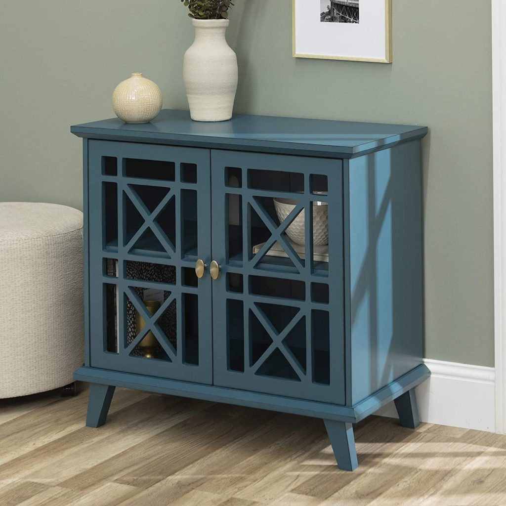 dark blue entryways storage cabinet with glass doors