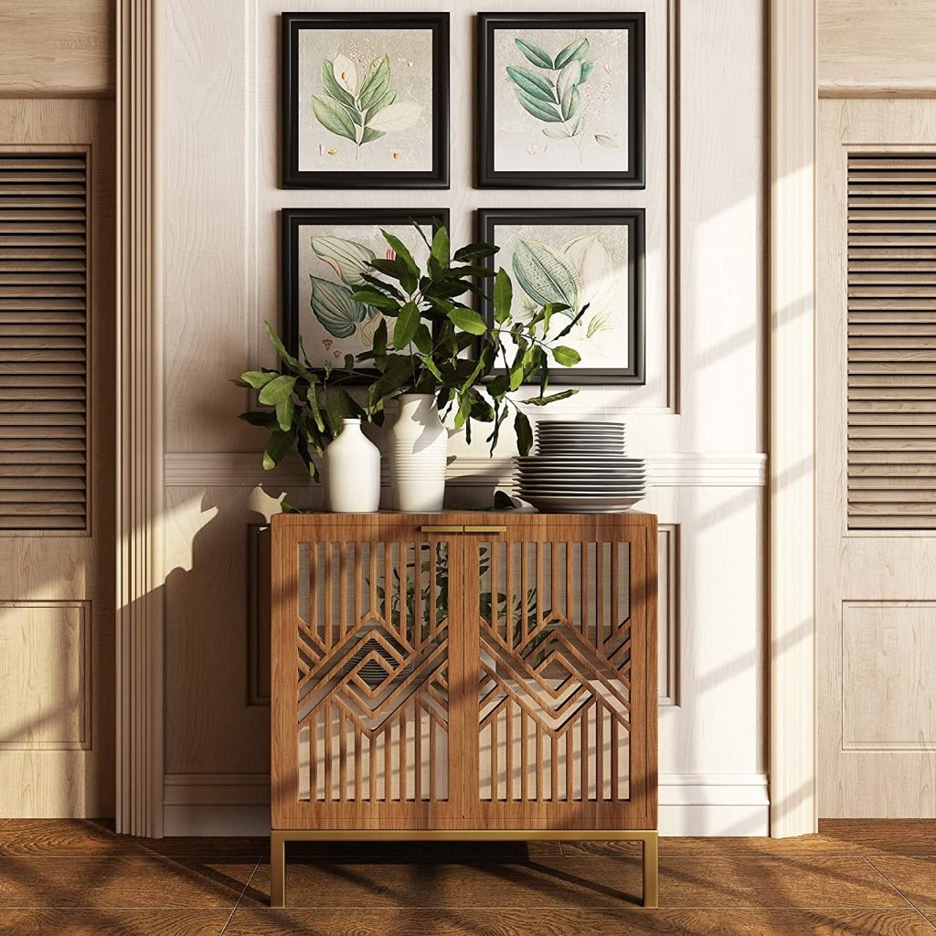 small wooden storage cabinet with mirrored doors.