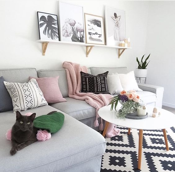 gray and blush pink living room decor small