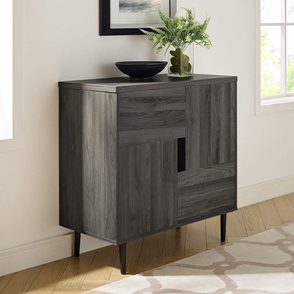 small gray modern entryway storage cabinet