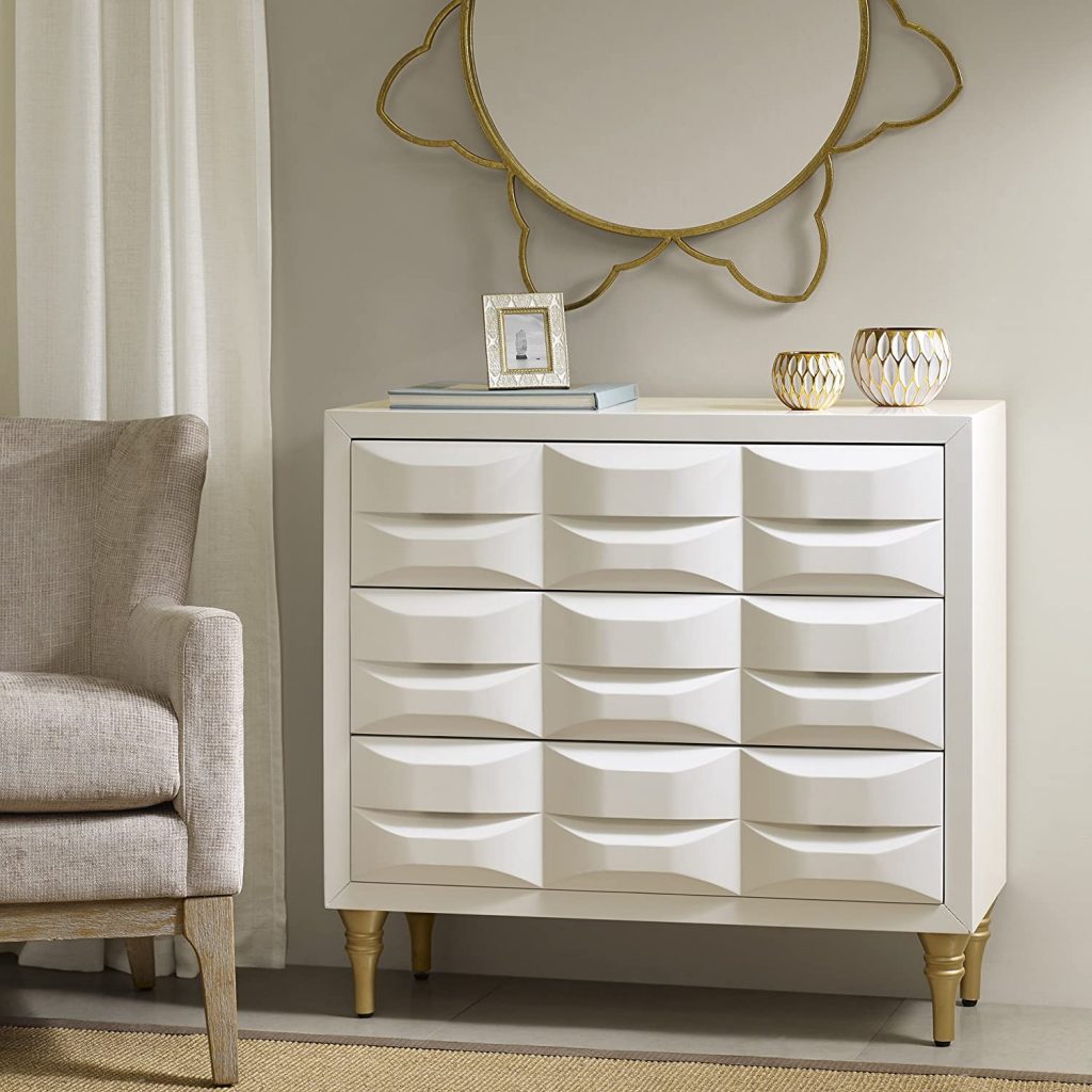 feminine white and gold storage entryway cabinet