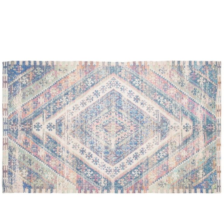 blue, pink and biege multi colored rug