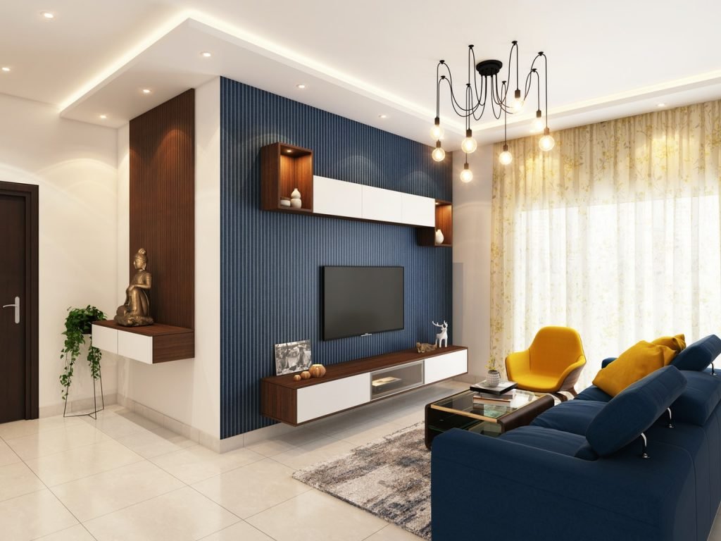 blue and gold small living room decor