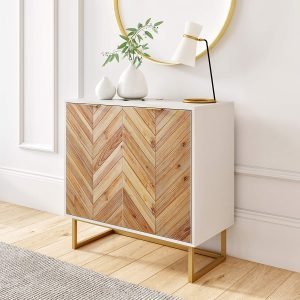scandinavian white and wood entryway storage cabinet