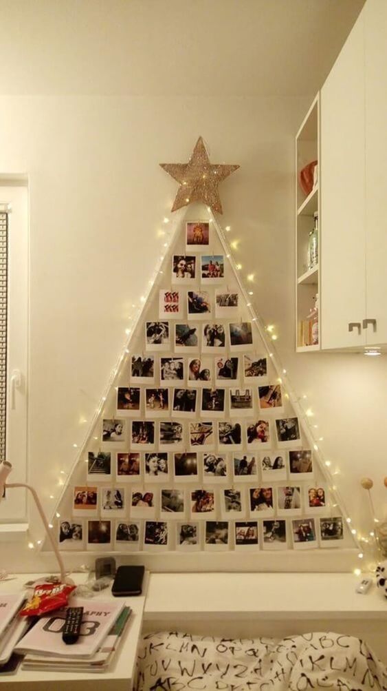 polaroid photo wall christmas tree