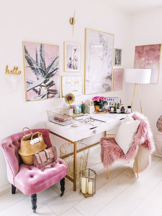 Pink and gold feminine home  office decor