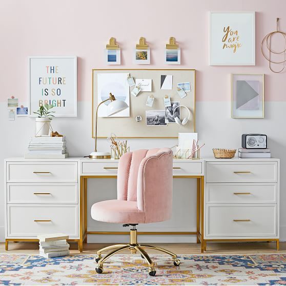 Pastel pink, gols and white girly office decor